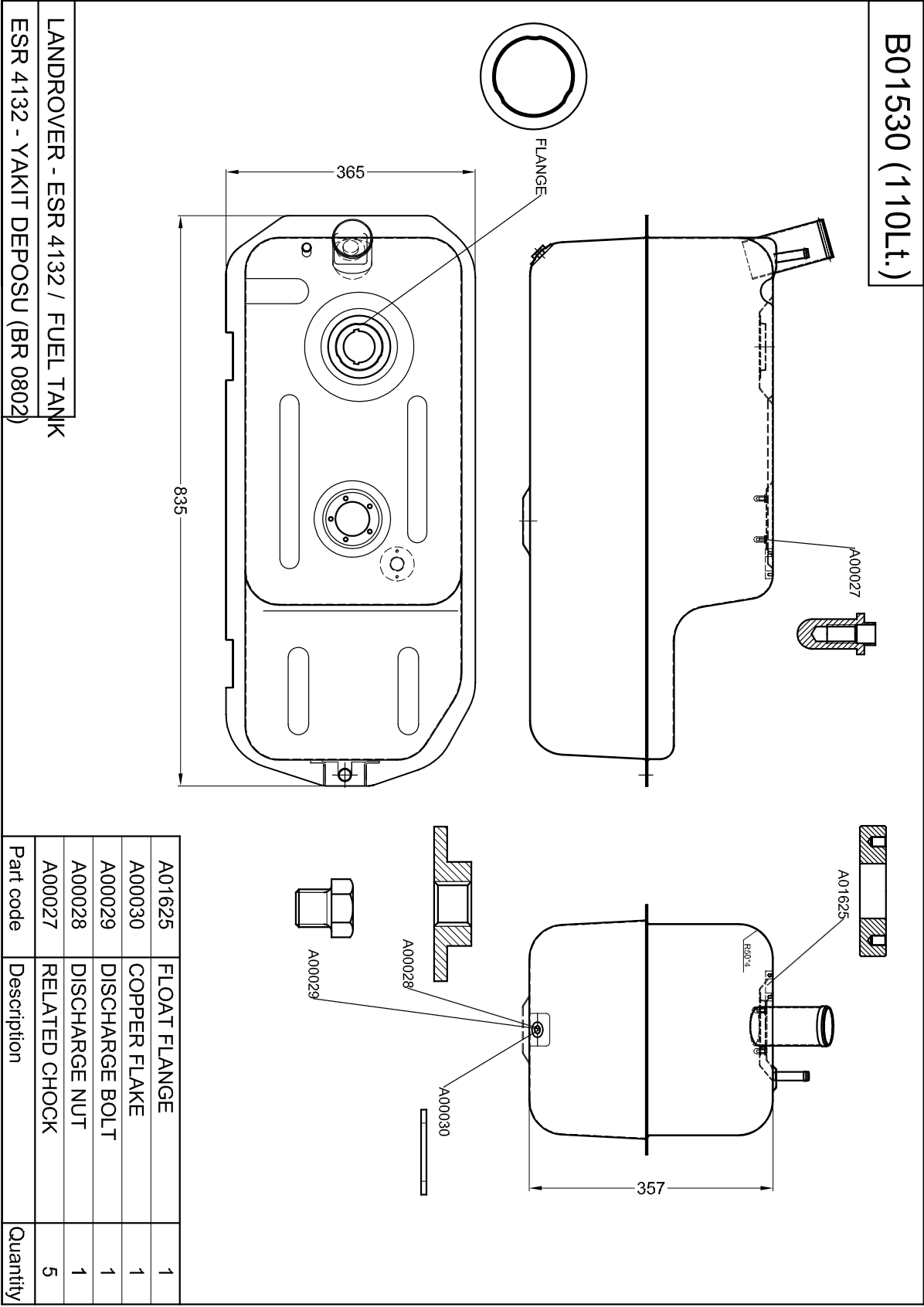 Land Rover Kraftstofftank 835X365X357 110 L ESR4132 Stahl
