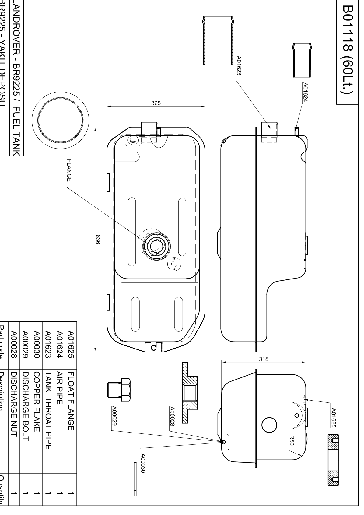 Land Rover Kraftstofftank 836X365X318 60 LT NRC9225 Stahl