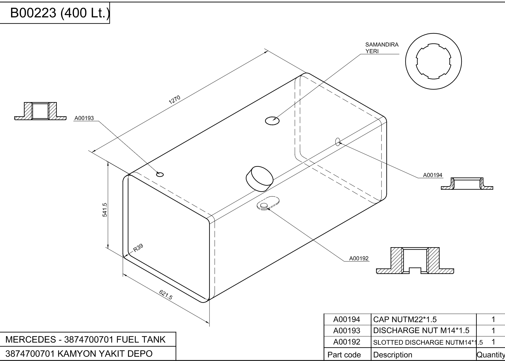 Mercedes Kraftstofftank 540X620X1270 400 Lt A3874700701 Stahl