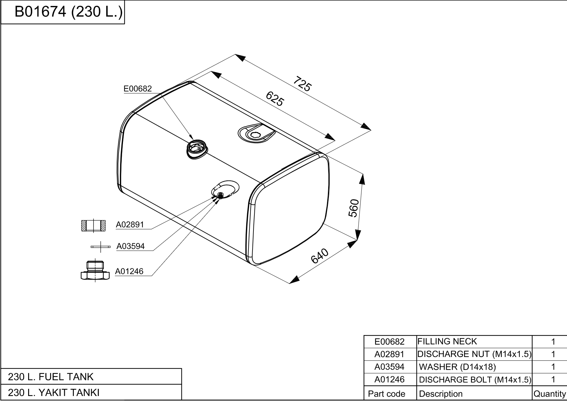 Mercedes Kraftstofftank – 560 x 640 x 725 mm – 230 l – A3754702001 – Stahl