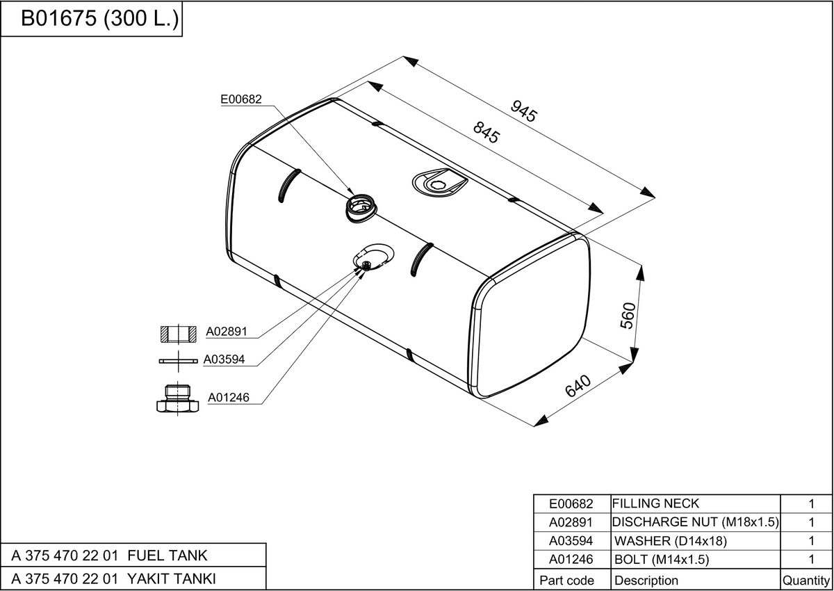 Mercedes Fuel Tank - 560X640X945 - 300 Lt - A3754702201 - Steel