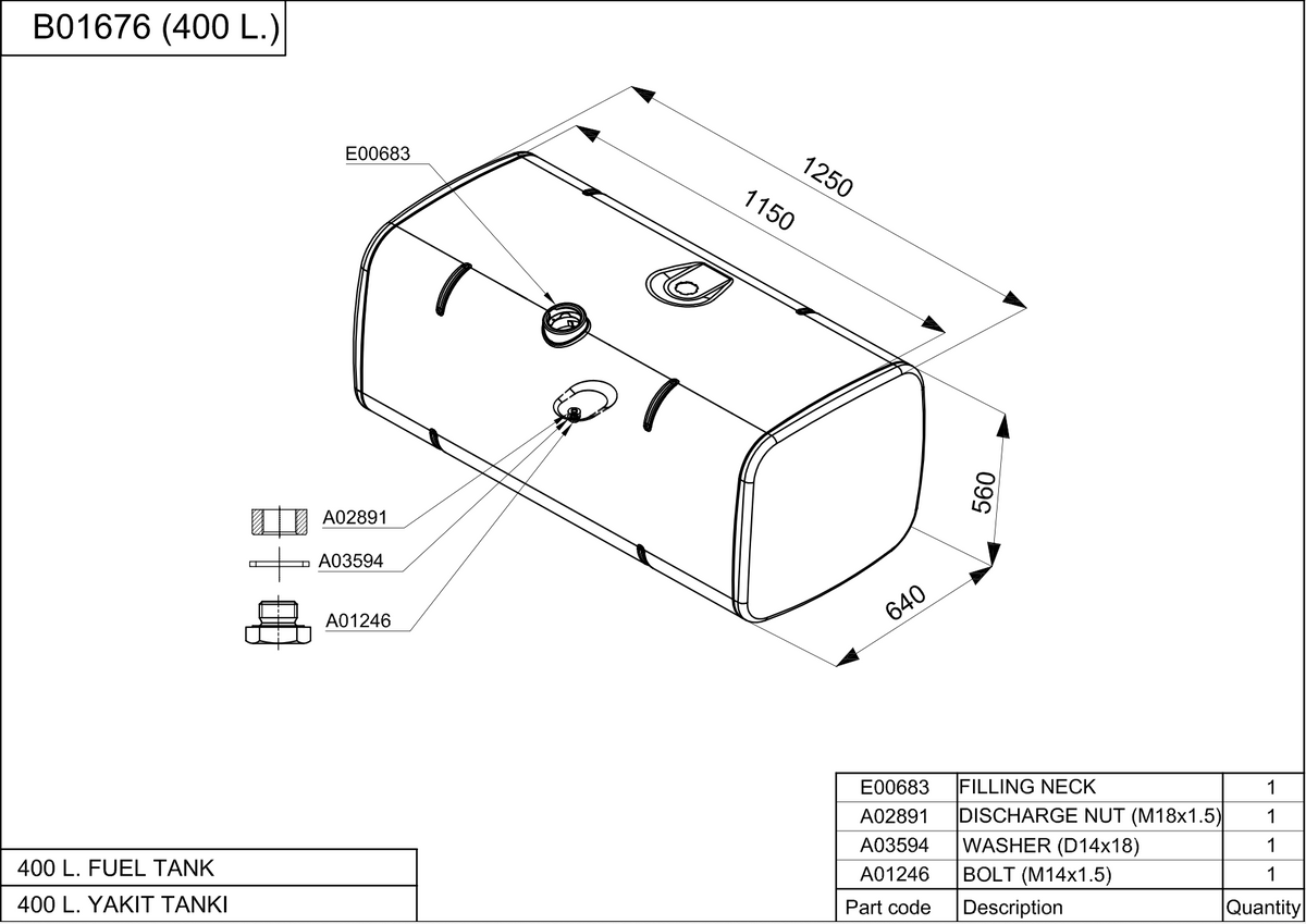 Mercedes Fuel Tank - 560X640X1250 - 400 Lt - A3755701901 - Aluminum Coated
